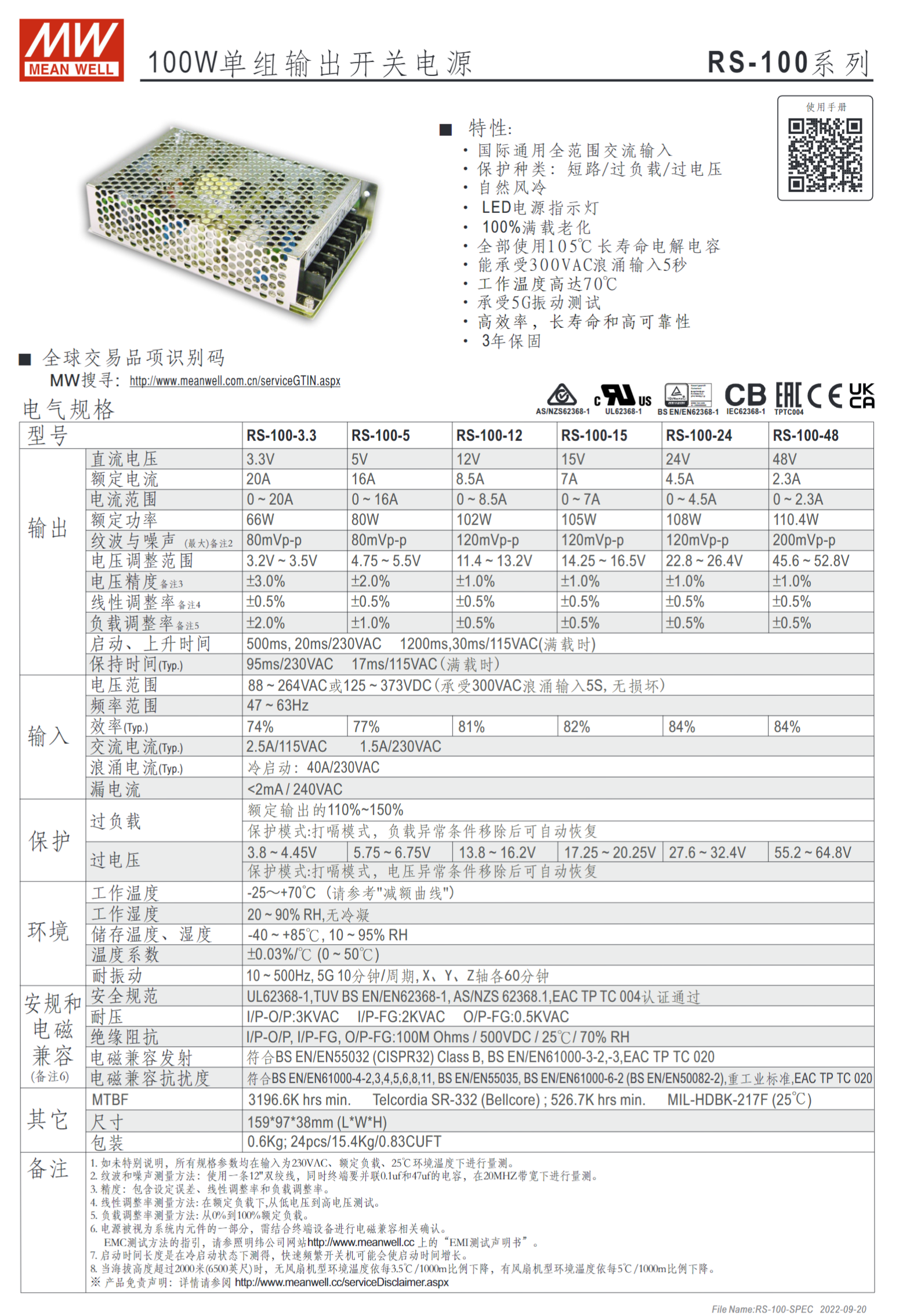 RS-100-3.3、RS-100-5、RS-100-12、RS-100-15、RS-100-24、RS-100-48