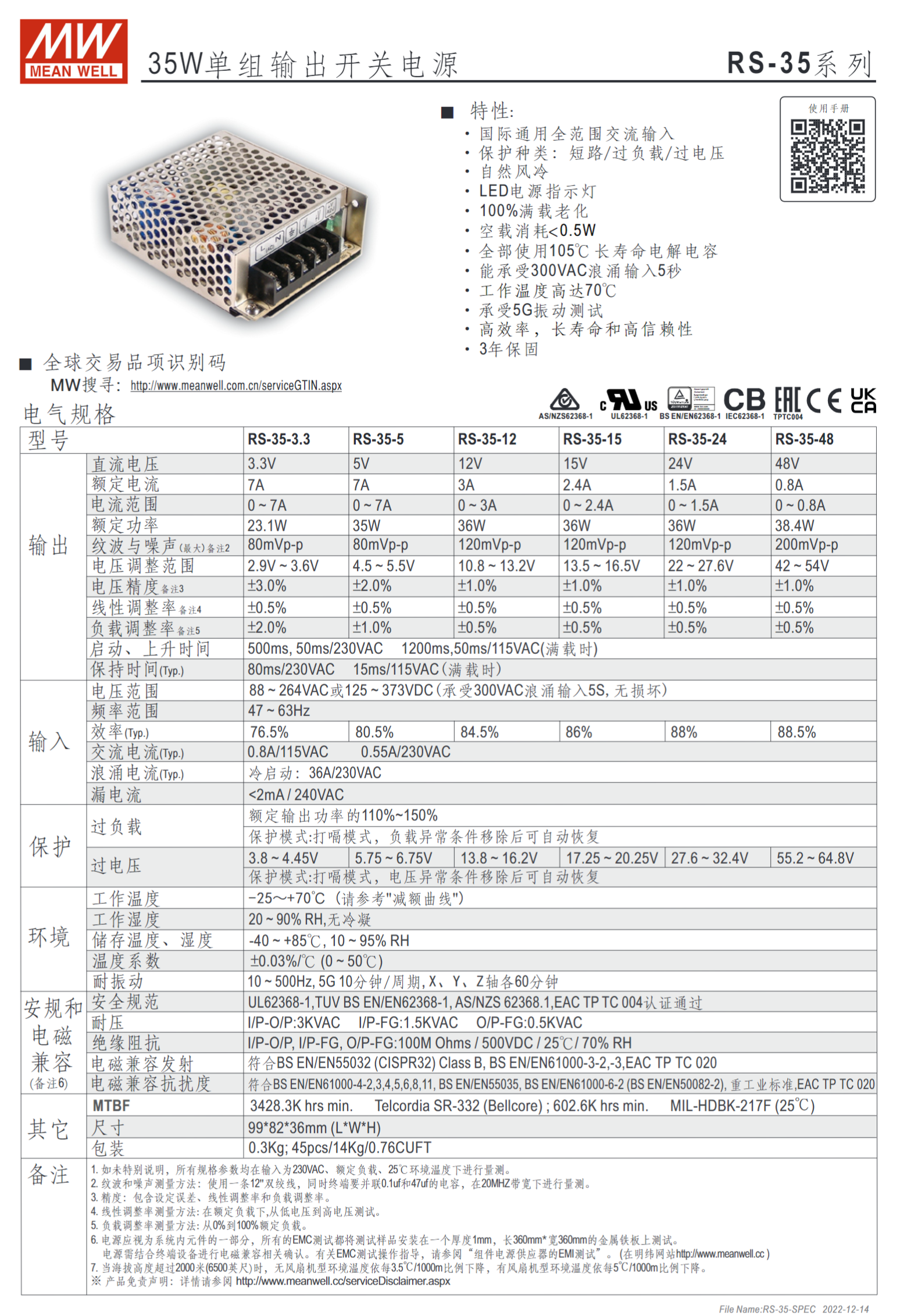 RS-35-3.3、RS-35-5、RS-35-12、RS-35-15、RS-35-24、RS-35-48