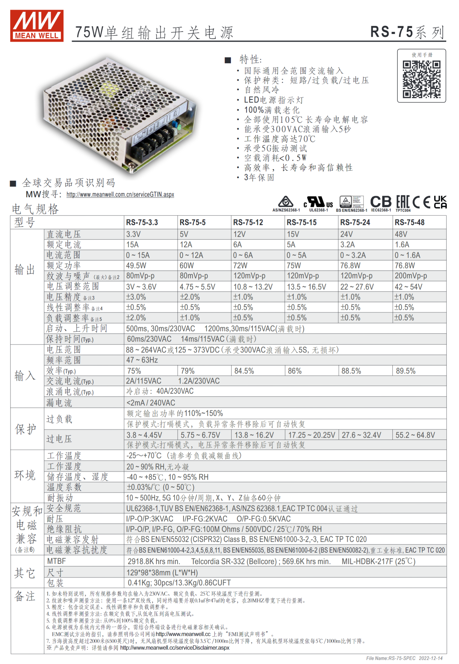 RS-75-3.3、RS-75-5、RS-75-12、RS-75-15、RS-75-24、RS-75-48