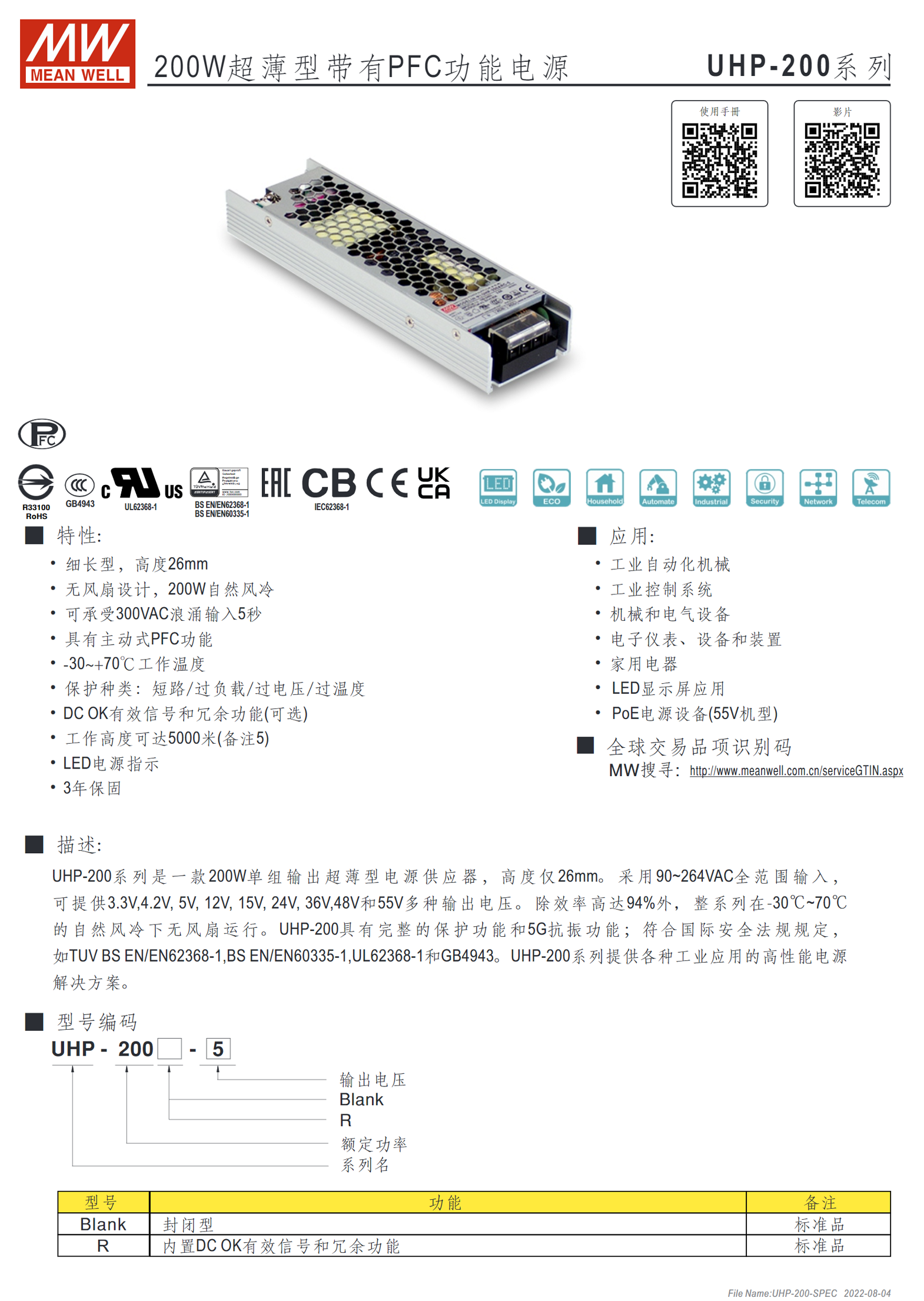 UHP-200-3.3、UHP-200-4.2、UHP-200-5、UHP-200-12、UHP-200-15、UHP-200-24、UHP-200-36、UHP-200-48、UHP-200-55、UHP-200R-3.3、UHP-200R-4.2、UHP-200R-5、UHP-200R-12、UHP-200R-15、UHP-200R-24、UHP-200R-36、UHP-200R-48、UHP-200R-55